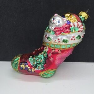 Old World Christmas Kitty Cat Red Stocking Glass Ornament Glitter Handpainted
